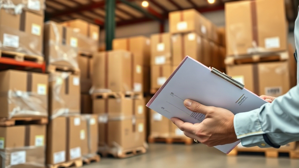 warehouse interior with stacked cardboard shipping boxes and wooden pallets, a worker's hand holding a clipboard an