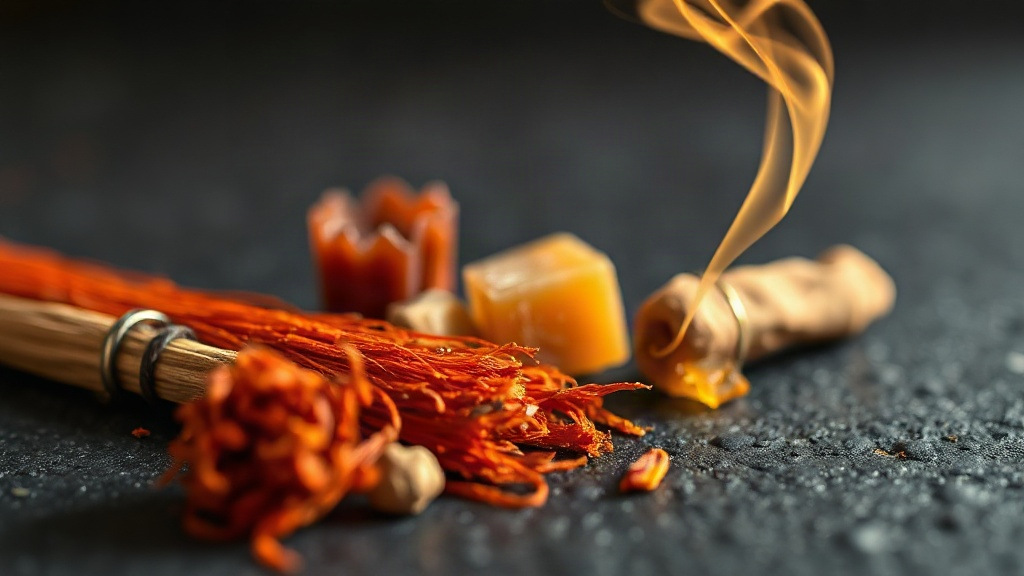 Close-up still life of saffron threads, chunks of oud wood, amber resin, and a thin curl of incense smoke arranged on a 