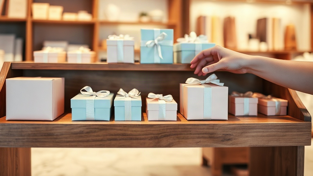 Close-up of a wooden retail display shelf with neatly arranged small elegant gift boxes and cartons in soft pastel color