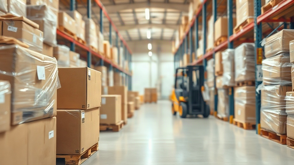 Wide shot inside a clean modern logistics warehouse, neatly stacked cardboard shipping cartons and shrink-wrapped pallet