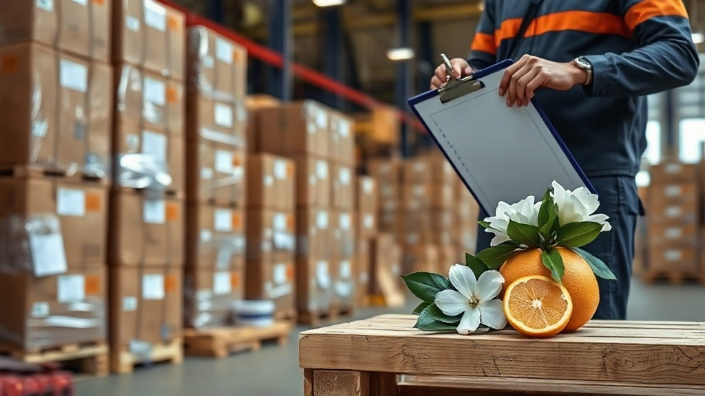 warehouse interior with wooden pallets stacked with sealed shipping cartons, a worker's hand holding a clipboard in
