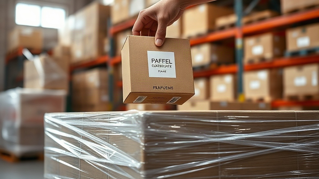 close-up of a hand placing a sealed branded cardboard perfume packaging box onto a stack of similar sealed boxes on a sh