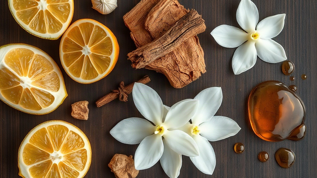 overhead flat lay of raw perfume ingredients on a dark wood table, fresh bergamot halves, white jasmine blossoms, chunks