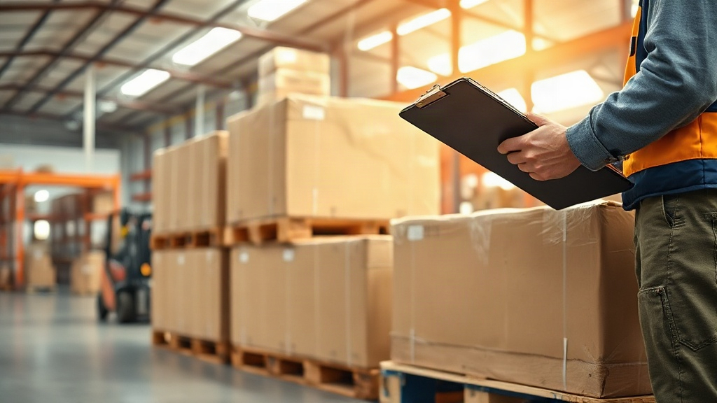 wooden pallets stacked with sealed cardboard shipping cartons inside a bright commercial warehouse, a worker's hand