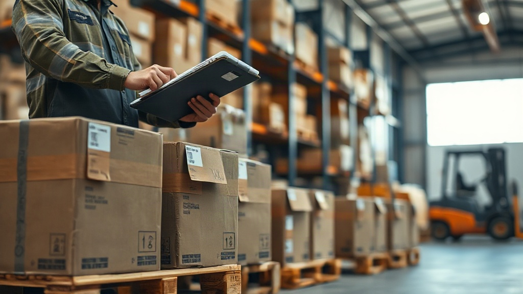 warehouse interior with stacked cardboard shipping boxes on wooden pallets, a worker's hands checking a clipboard i