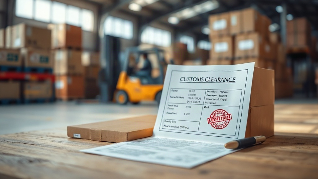 shipping cargo boxes stacked at a logistics dock, customs clearance documents and an official stamp resting on a wooden