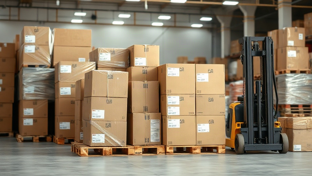 warehouse interior with stacked cardboard shipping cartons on wooden pallets, shrink wrap, shipping labels, forklift pal