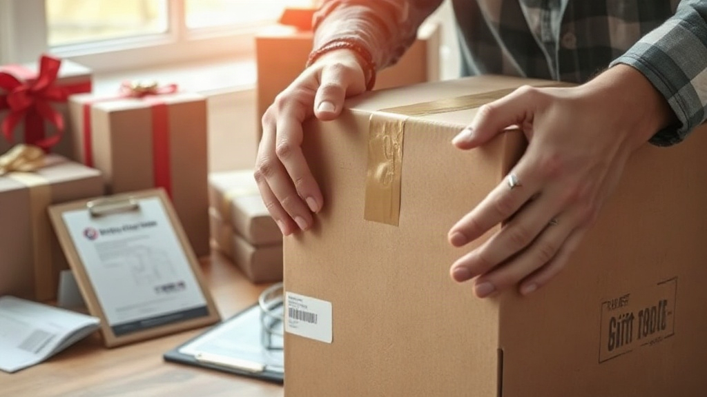 Close-up of hands inspecting a sealed cardboard export carton with a shipping label and packing tape, stacked gift boxes