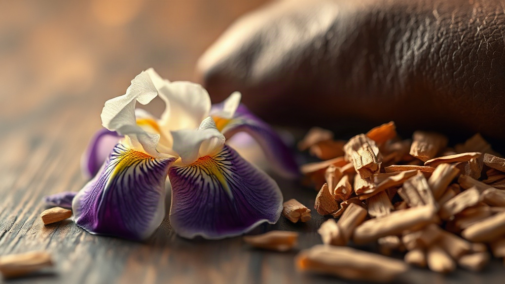 close-up macro photograph of fresh iris flower petals beside a piece of smooth dark brown leather and cedar wood shaving