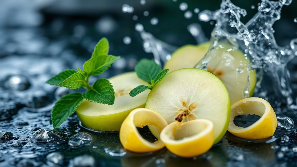 Editorial close-up photograph of fresh green apple slices, bergamot peels, and sprigs of mint arranged beside splashing 