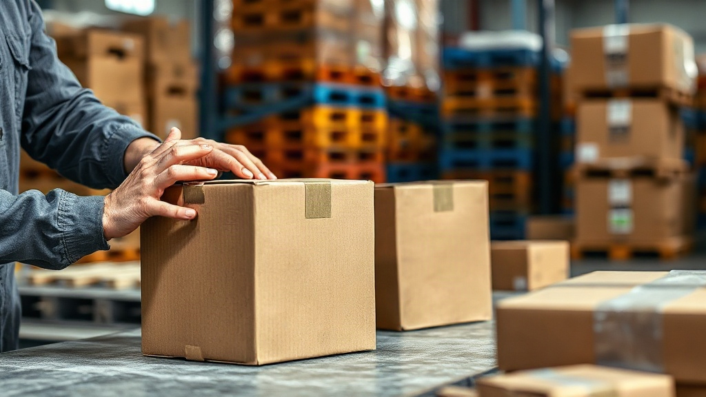 warehouse worker's hands inspecting cardboard packaging boxes for quality control on an industrial workbench, stack