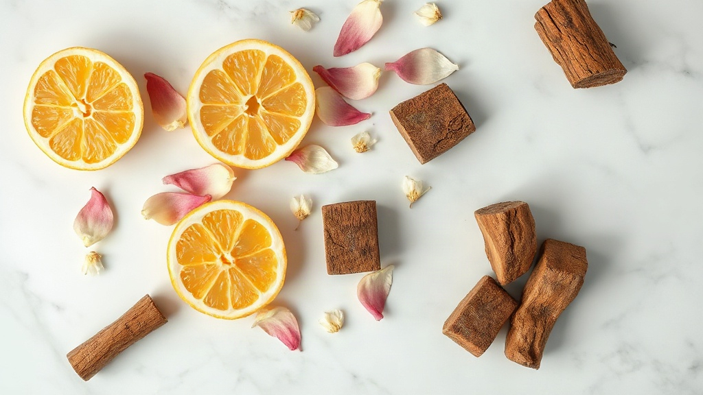 overhead flat-lay photograph of perfume raw materials - fresh bergamot slices, jasmine petals, and chunks of oud wood - 