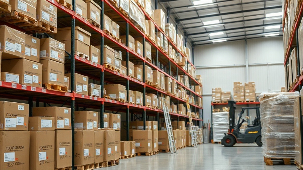 wide shot of an organized wholesale warehouse interior with tall shelves stacked with sealed cardboard shipping cartons 