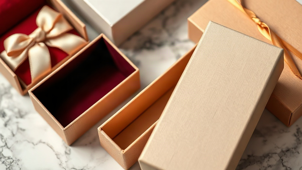 Close-up of empty luxury perfume packaging boxes in different finishes -- velvet lining, satin ribbon, embossed cardboar