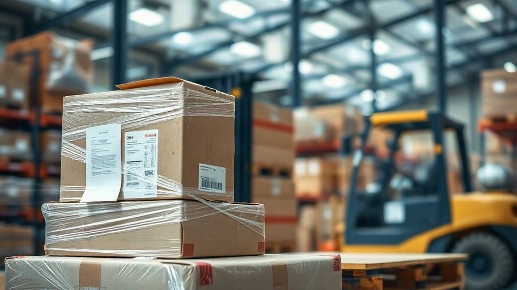 Stack of sealed cargo shipping boxes and wooden pallets wrapped in plastic film inside a logistics warehouse, customs pa