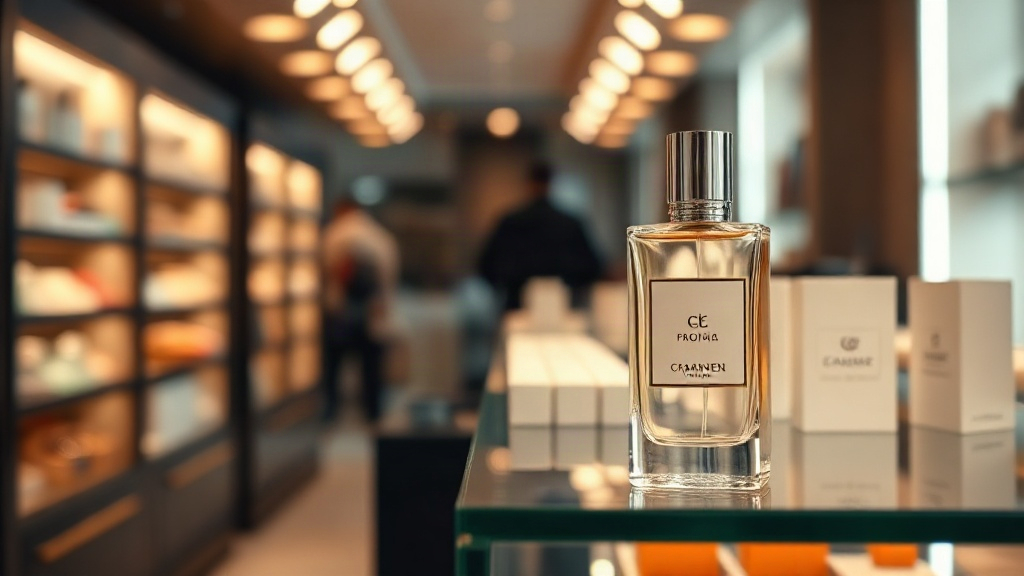 Elegant perfume bottle displayed on a retail shelf in a modern fragrance boutique, soft creamy white and gold tones, war