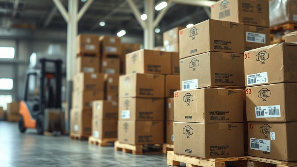 Warehouse interior with stacked cardboard cargo boxes and wooden pallets, shipping labels visible, forklift in soft blur