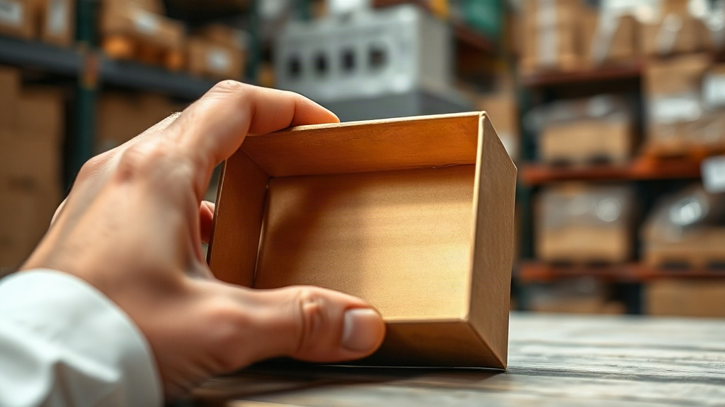 a warehouse worker's hand carefully inspecting the texture and finish of an empty perfume packaging box, close-up o