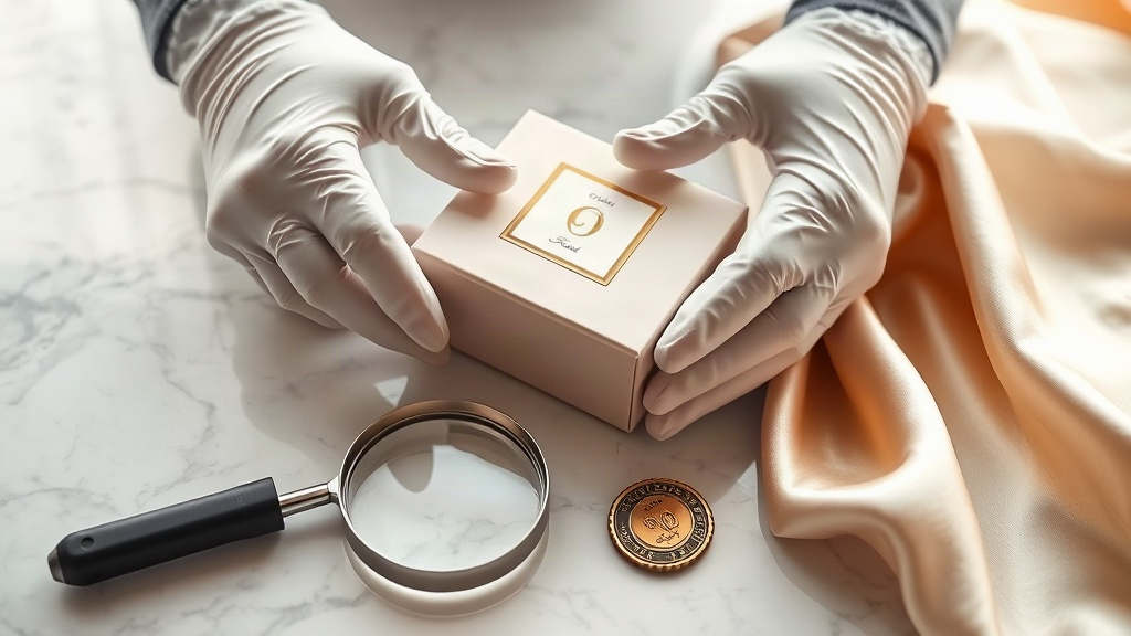 Close-up quality inspection scene for wholesale perfume trade: hands wearing white gloves examining a sealed product pac