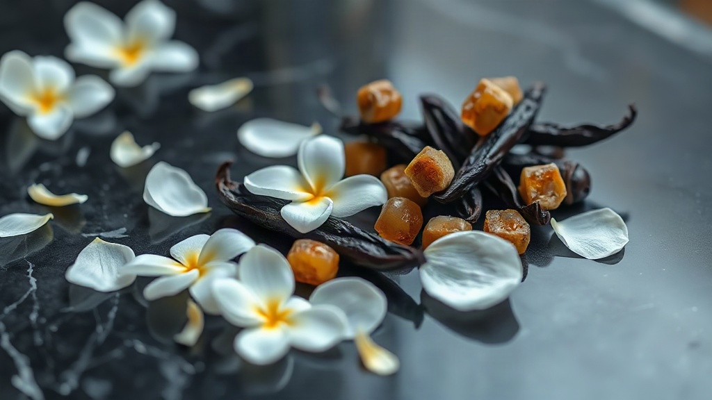 Macro photograph of fresh white jasmine blossoms and tuberose petals scattered beside a small mound of dark rum-soaked v