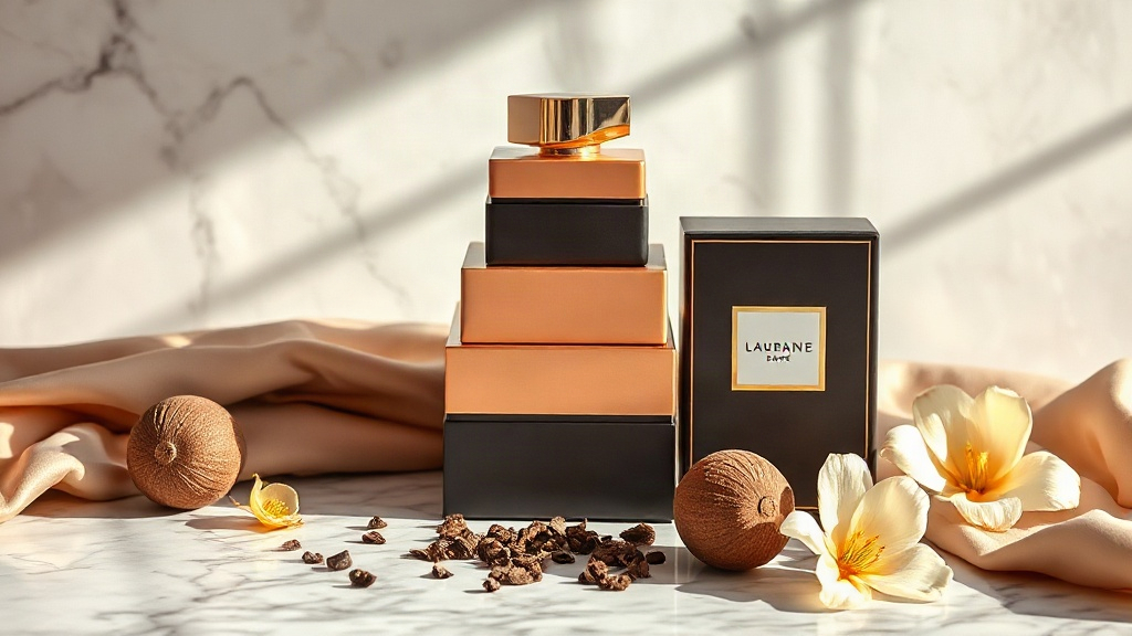 elegant arrangement of luxury perfume packaging boxes stacked neatly on a marble countertop, surrounded by silk fabric, 