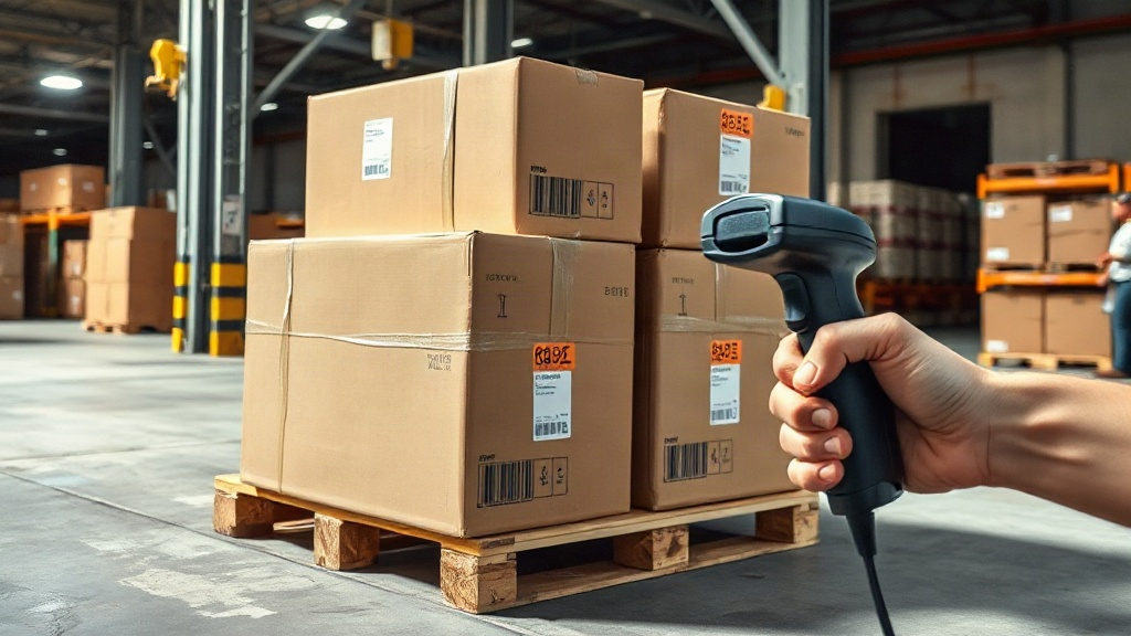 cargo shipping boxes stacked on a wooden pallet at a warehouse loading dock, sealed with packing tape, a hand holding a