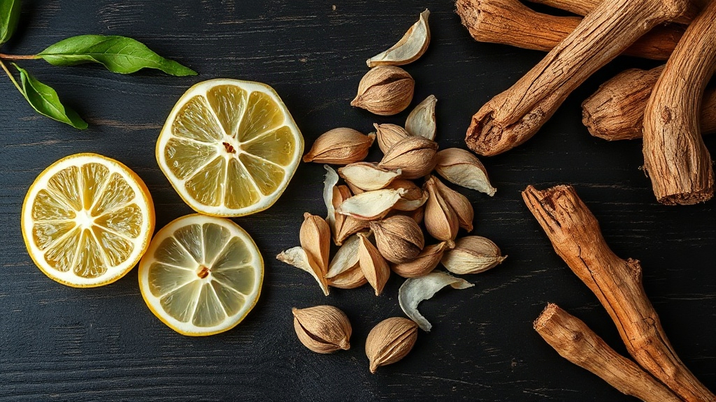 a top-down flat lay of aromatic raw perfume ingredients including bergamot halves, cardamom pods, cedarwood shavings and