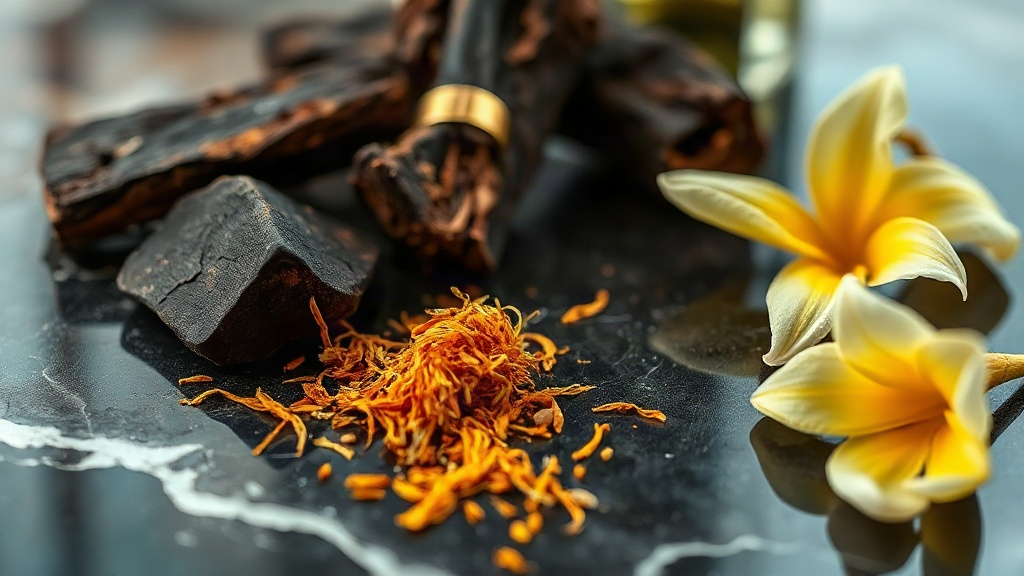 Close-up still life of luxury perfume raw materials arranged on a polished dark marble surface - chunks of dark oud wood
