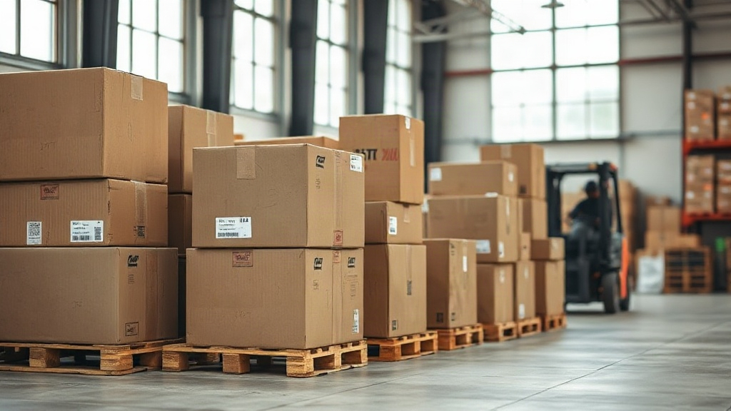 Warehouse interior with neatly stacked cardboard shipping boxes on wooden pallets, a forklift in soft background blur, n