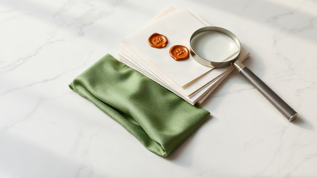 Elegant still life on a polished white marble surface featuring folded green silk fabric, a wax seal stamp, stacked ship