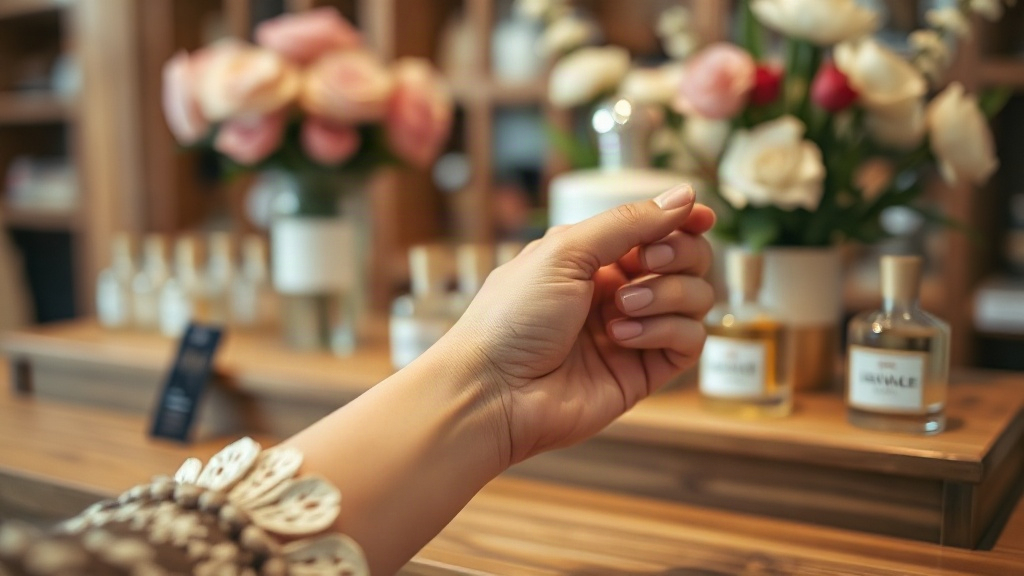 close-up of a woman's wrist and hand gently holding a paper fragrance testing strip near a wooden perfume counter, 