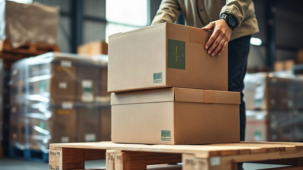 warehouse worker's hands stacking sealed cardboard shipping cartons on a wooden pallet, wrapped pallets in the back