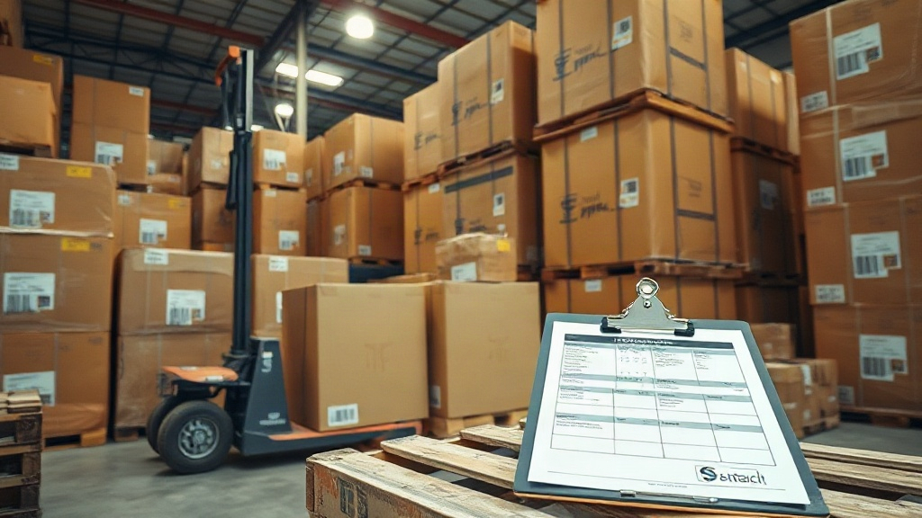 logistics warehouse interior with stacked wooden pallets of sealed cardboard shipping boxes, a hand-operated pallet jack