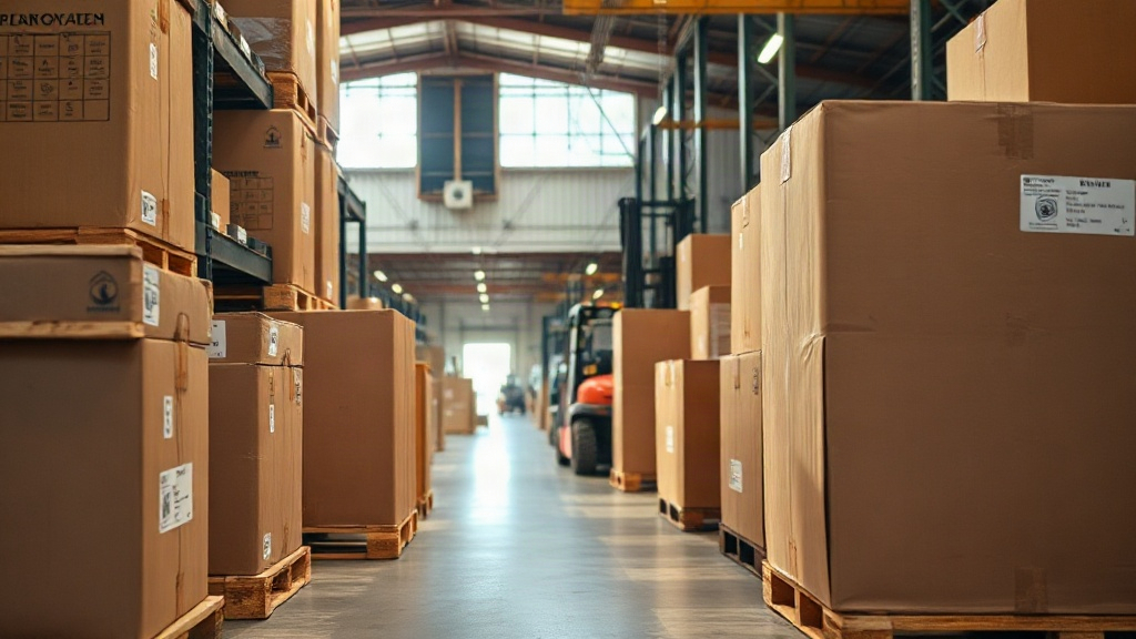 Wide shot inside a modern logistics warehouse showing stacked wooden pallets loaded with sealed cardboard cargo boxes re