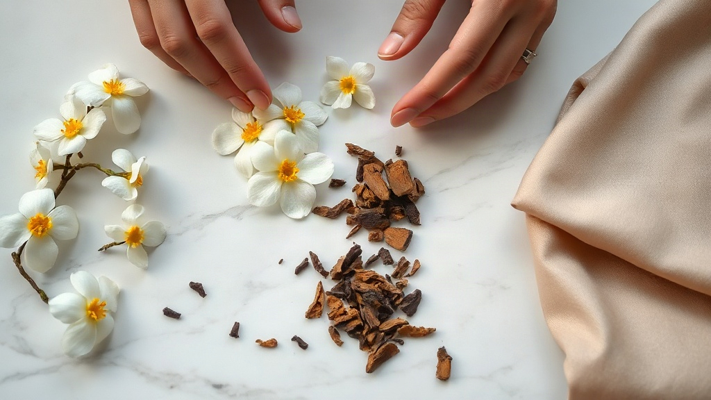 Close-up of hands examining raw perfume ingredients on a white marble surface, fresh jasmine flowers, oud wood chips, an