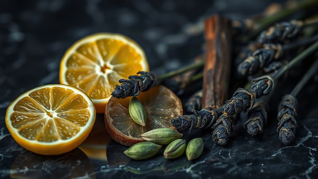 close-up macro photo of raw perfumery ingredients arranged on a dark polished marble surface - fresh bergamot citrus hal