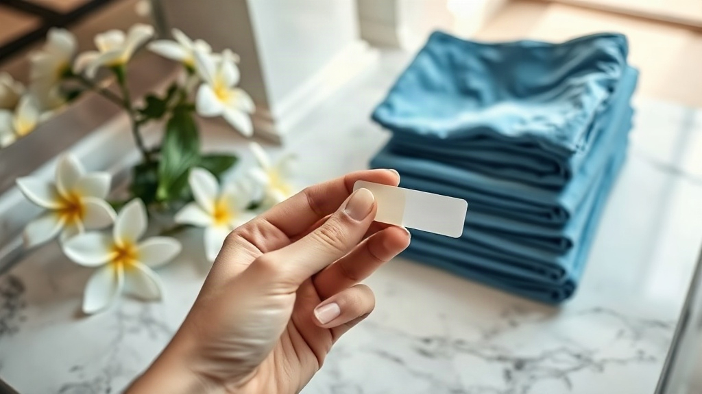close-up of a hand holding a fragrance testing strip near fresh jasmine flowers and folded blue fabric swatches on a pol