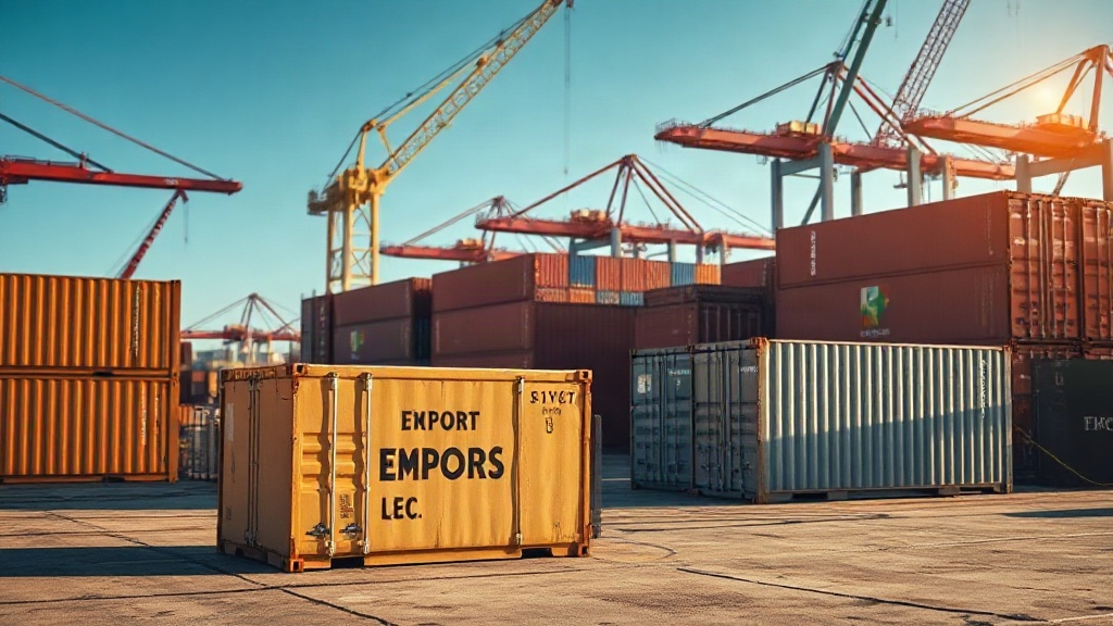 cargo shipping containers and sealed export boxes on a dock near the sea in an industrial port area, cranes in the backg
