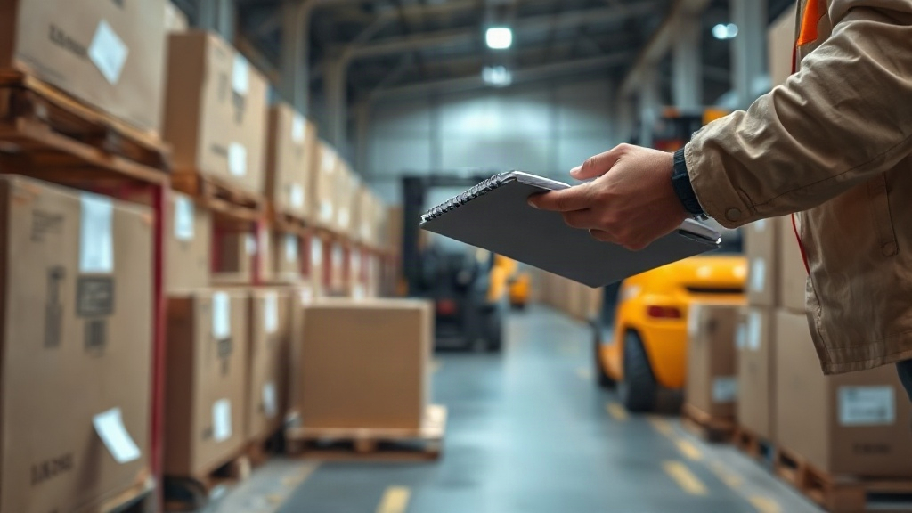 Wide shot inside a bright logistics warehouse with stacked cardboard cargo boxes on wooden pallets, a worker's hand