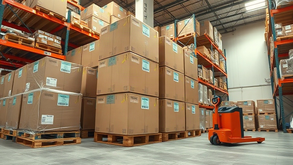 Wide-angle photograph of a modern fragrance packaging warehouse, wooden pallets stacked with sealed cardboard shipping c