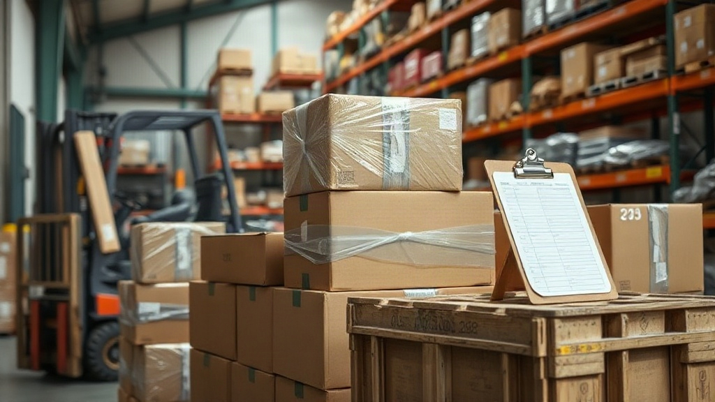 warehouse interior with sealed cardboard shipping cartons stacked on wooden pallets, shrink-wrapped boxes, forklift in b