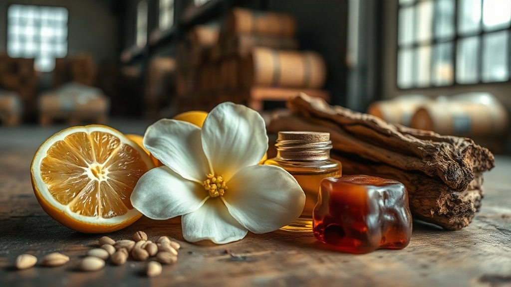 overhead close-up of raw perfume ingredients arranged for quality inspection on a wooden warehouse table — bergamot citr