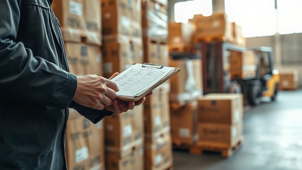 Wholesale perfume warehouse scene with neatly stacked cardboard shipping cartons and wooden pallets, a worker's han
