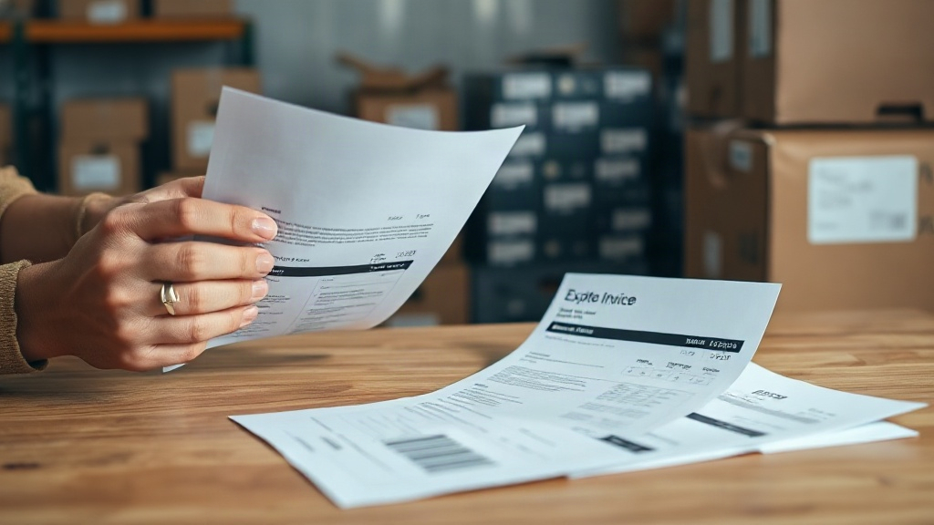 a pair of hands reviewing customs shipping documents and an export invoice next to sealed cardboard boxes on a logistics