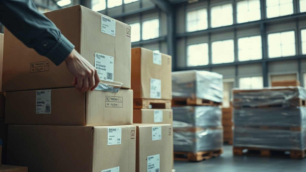 Close-up of a worker's hands taping and labeling cardboard cargo boxes stacked on a wooden pallet inside a shipping