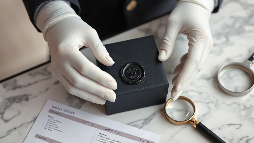 Close-up of hands wearing white cotton gloves inspecting a sealed matte black luxury gift box with a wax seal, placed on