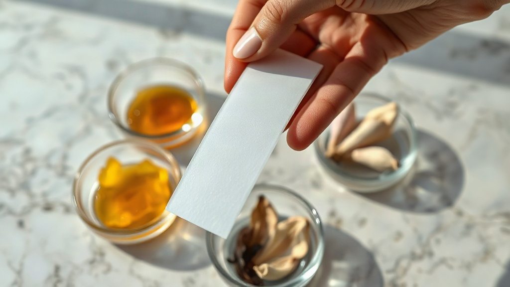 A close-up of a hand holding a white fragrance testing blotter strip above a polished marble surface, surrounded by smal