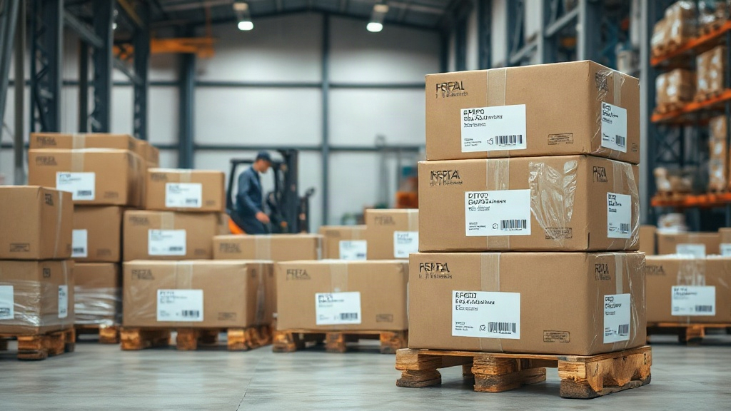 Industrial warehouse interior with wooden pallets stacked with sealed export cargo boxes, a forklift in the background, 