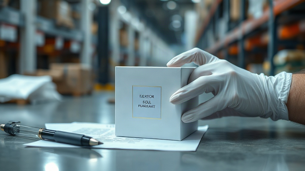 hands wearing white cotton gloves inspecting an elegant closed perfume gift box on a warehouse inspection counter, quali