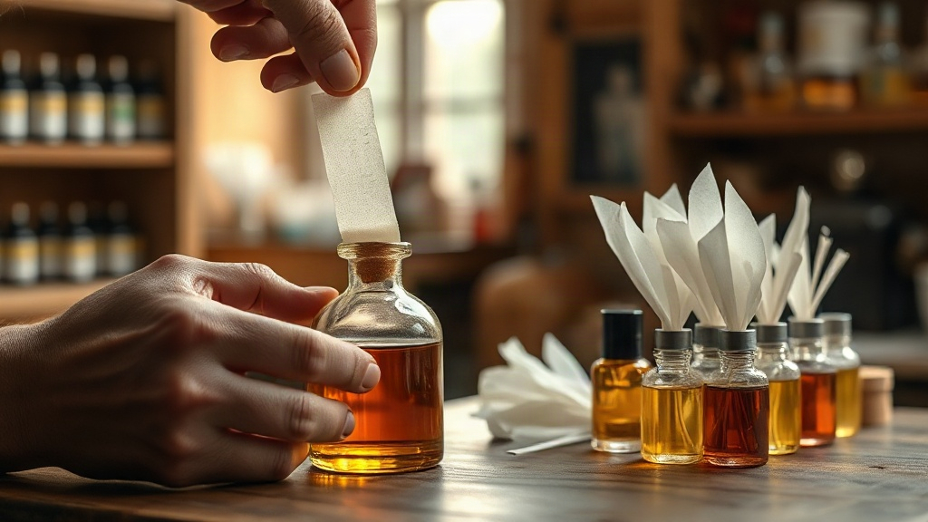 A perfumer's hand dipping a thin paper fragrance testing strip into an amber glass beaker inside a well-lit perfume